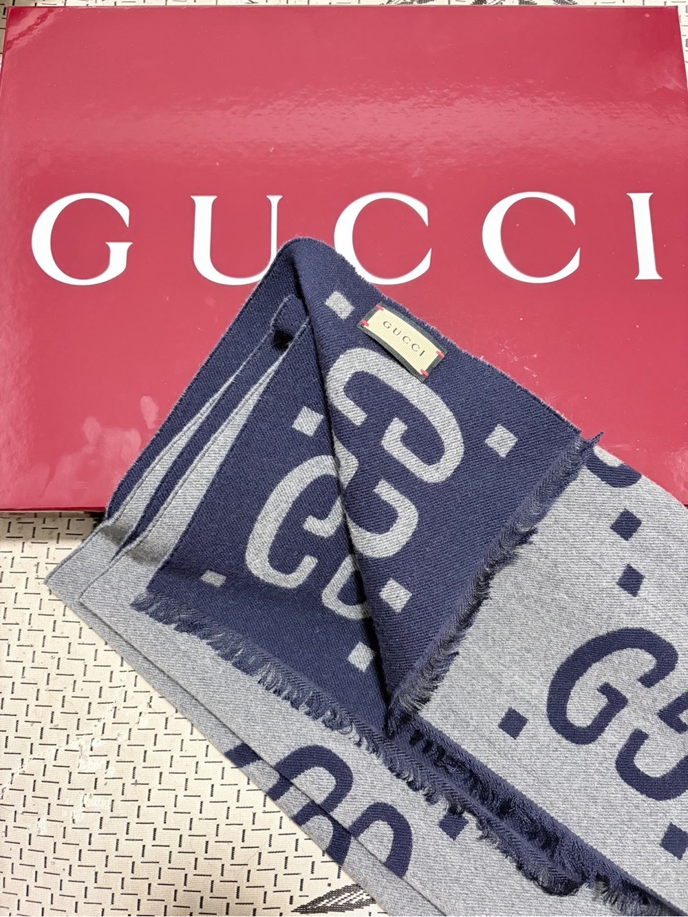 Gucci Navy and Light Gray GG Jacquard Men's Scarf